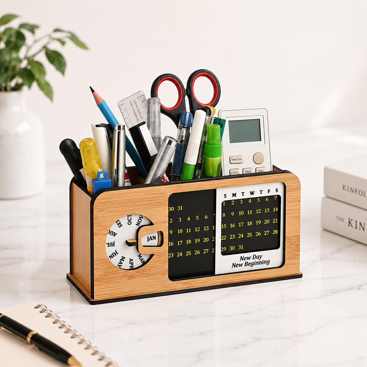 GKD study table decor with lifetime table calendar 2025 unique stationery items radio retro theme with switch button 3d office desk decorative items penstand 3 Compartment(ecofriendly)-image-11
