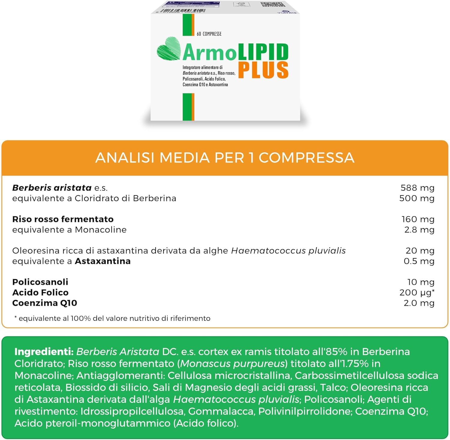 ArmoLipid Plus 60 Compresse, Integratore Alimentare con Berberis Aristata, Riso Rosso Fermentato, Acido Folico, Policosanoli, Coenzima Q10 e Astaxantina