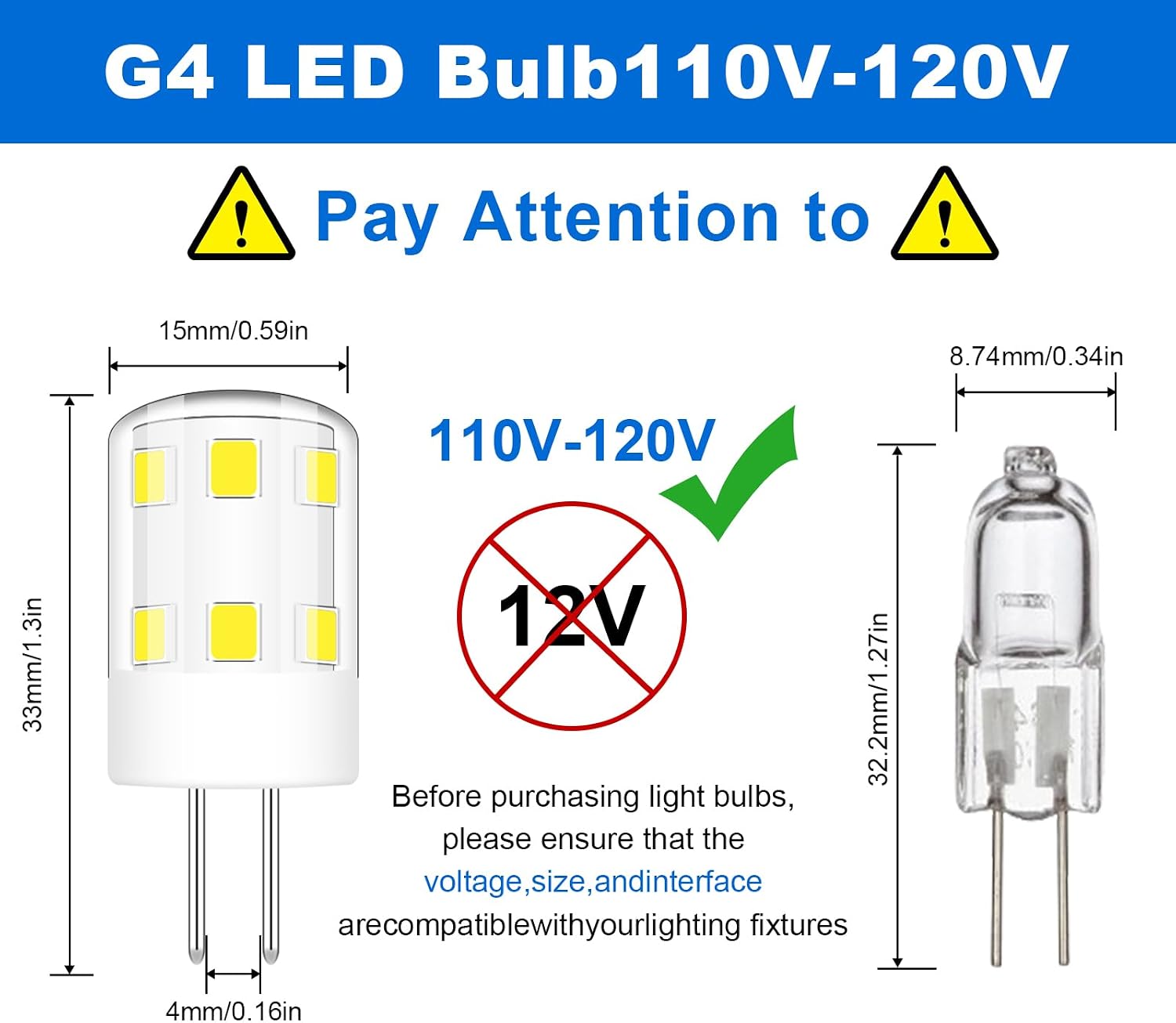G4 LED Bulbs, AC110-120V (Not Low Voltage 12V) 2W Equivalent 30W Halogen, 200LM Daylight White 6000K, Dimmable G4 Bi-Pin Base for Landscape, Under-Cabinet, Lawn Lights, Path Lights, Pack of 10