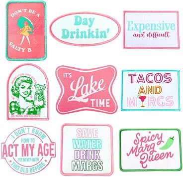 9PC Funny Embroidered Trucker Hat Patches Iron on | Fun Bar Vintage Heat Press Hats Patch for Women Lake Tacos Drink Margs Day Drinking Dont Be Salty Expensive Difficult Bulk DIY Accessories