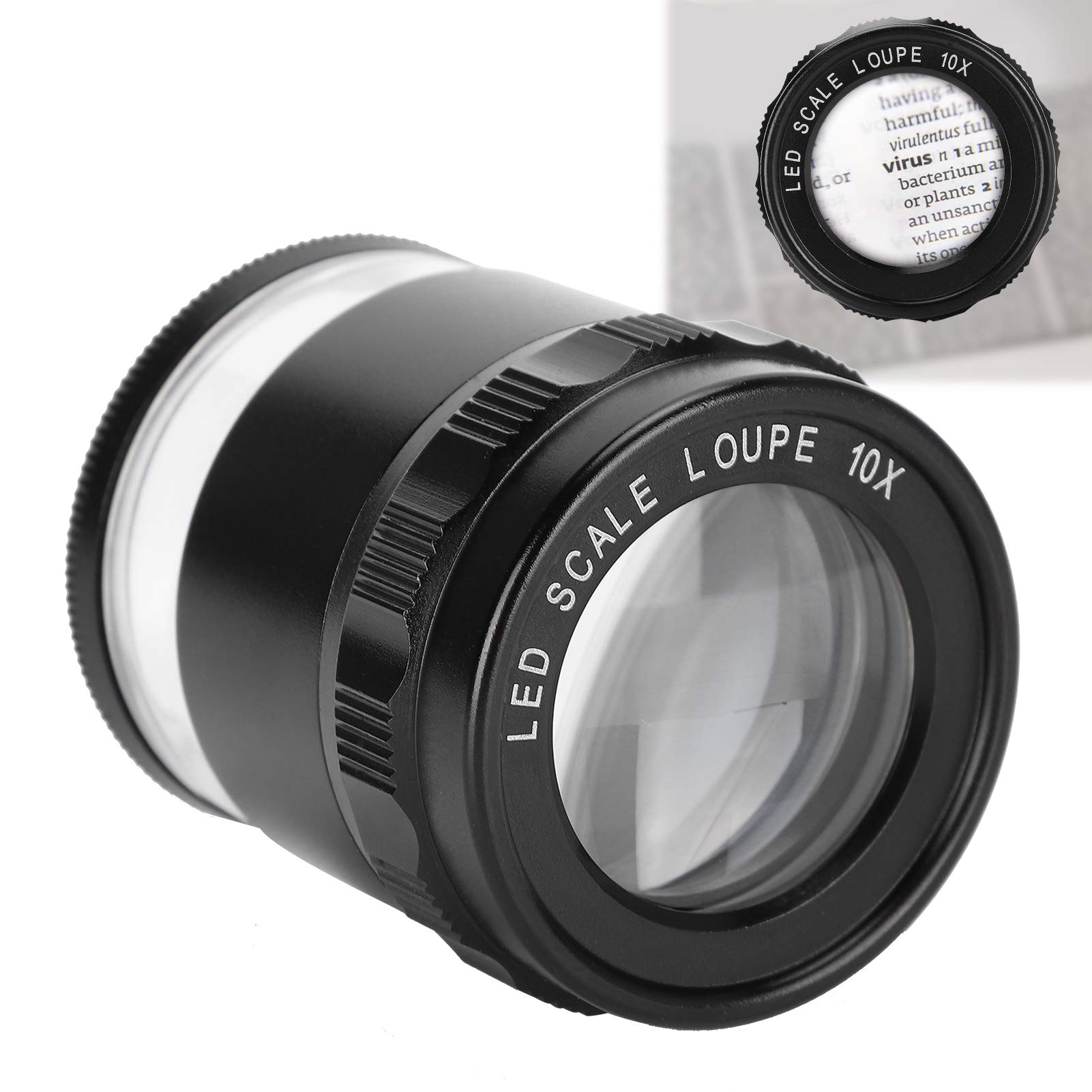 Hidyliu Lupa Lupa 10X con Escala Ajustable y Luz 8LED para Aficionados y Profesionales, Metal Vidrio Óptico, 1 Unidad