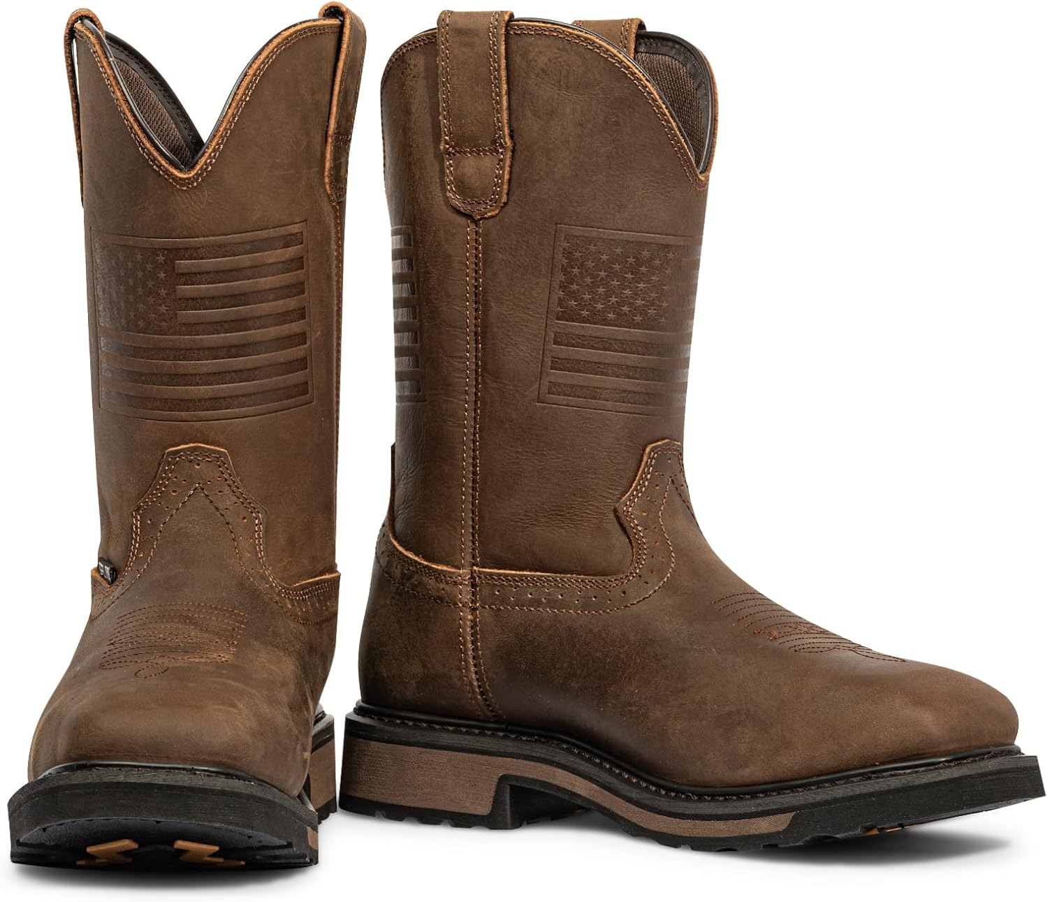 J's.o.l.e Steel Toe Work Boots for Men Square Toe Cowboy Boots Leather Western Rancher Welding Farming Heavy Duty Safety Shoes Brown
