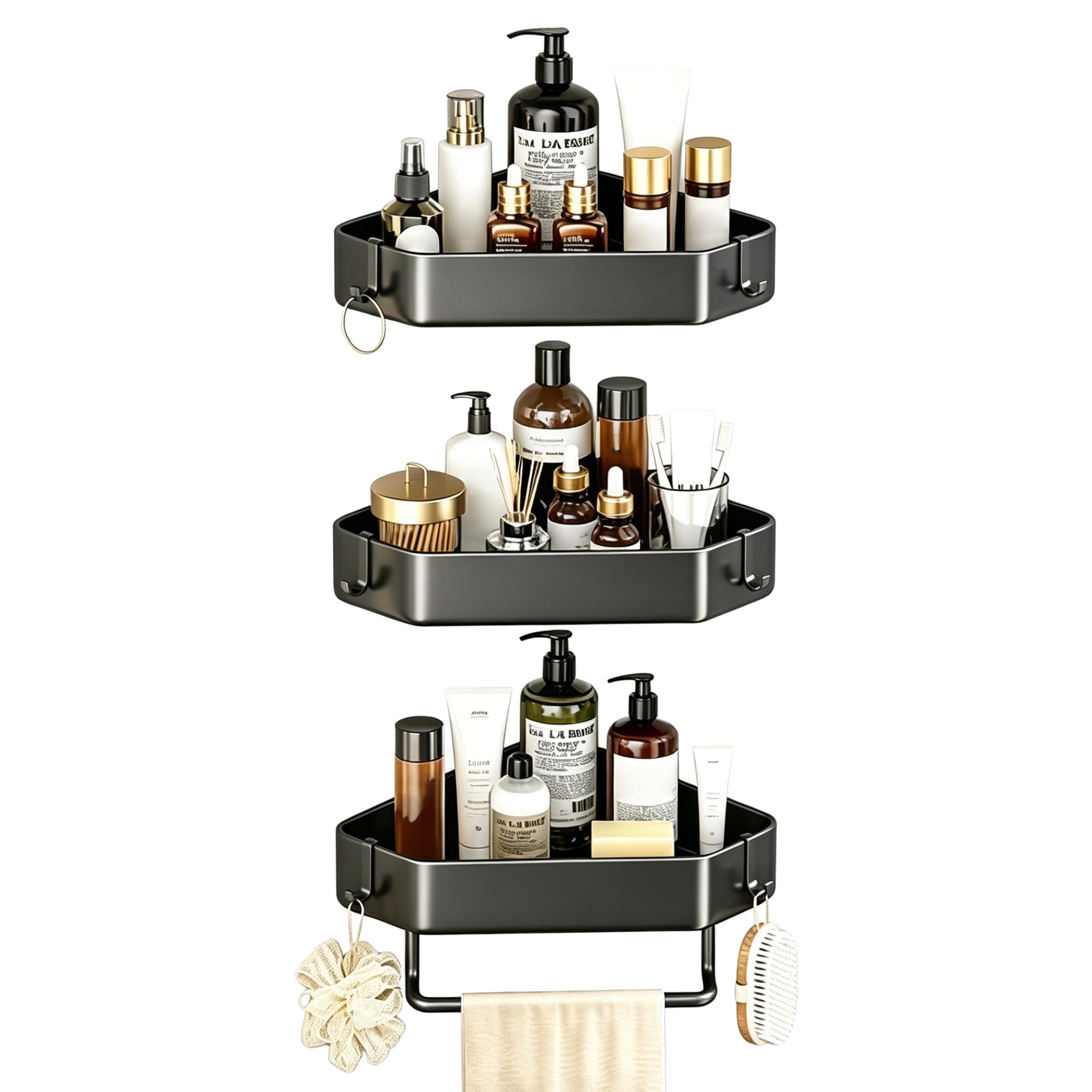 Uanqfegy Bathroom Corner Shelf - 3-Tier Adhesive Wall-Mounted Shower Caddy, with Towel Bar & 2 Hooks, Black