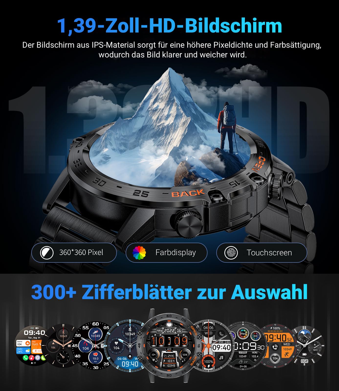 LIGE Smartwatch Herren mit Telefonfunktion, 1,39 Zoll Militär Smart Watch mit 24H Herzfrequenz, Blutdruck, Schlafdauer, 100+ Sportmodi Fitnessuhr, 300+ Zifferblätter, IP67 Wasserfest, Schwarz