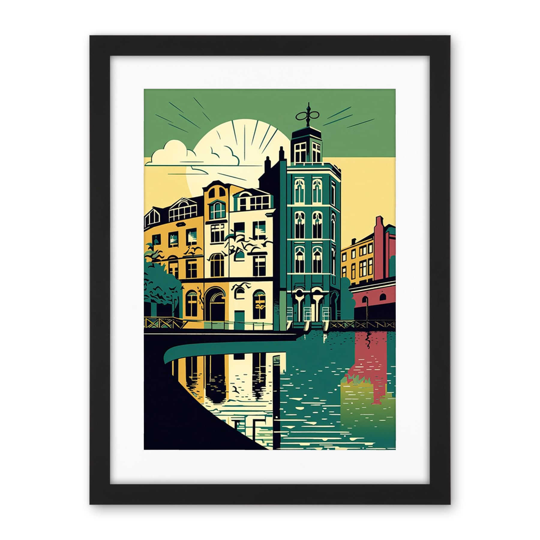 Artery8 Leeds City Architecture Waterfront Illustration Artwork Framed Wall Art Print 18X24 Inch