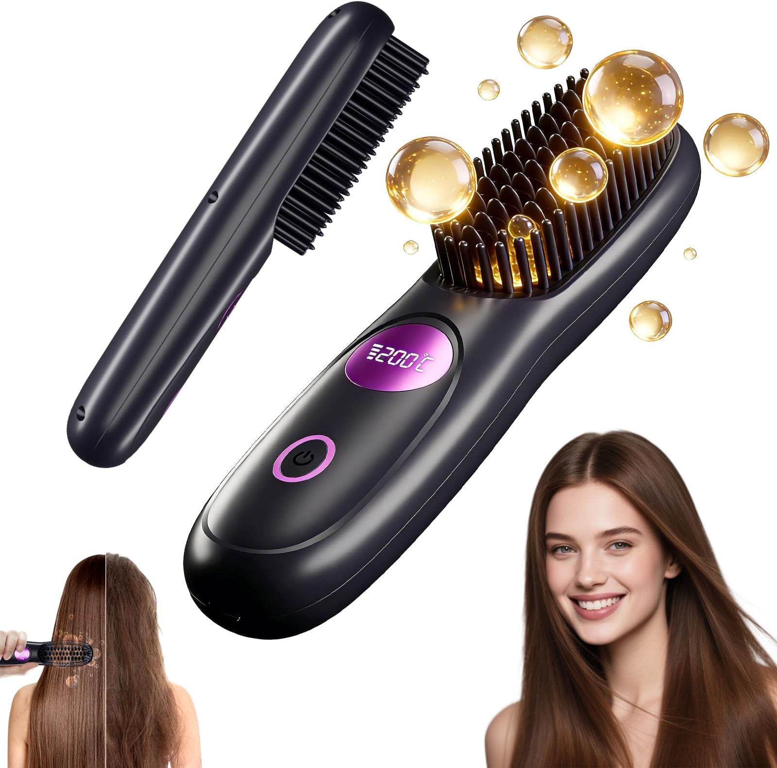2026 Upgraded Cordless Hair Straightener Brush,3 Temps Fast Heating,Portable Hair Straightener with LED Display,300 Million Negative Ions for Ideal for Short/Long Hair Comb Go Travel
