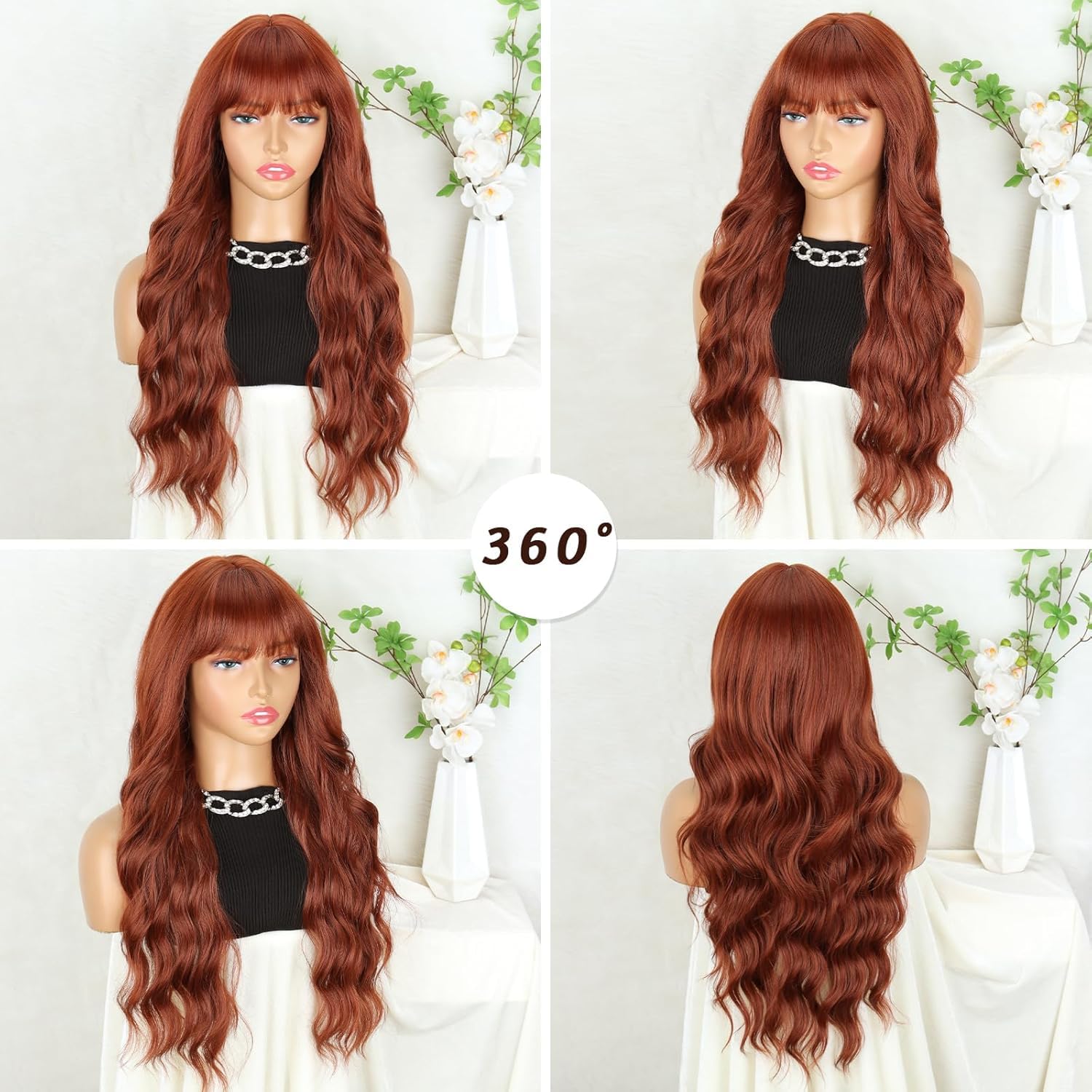 PORSMEER Long Wavy Curly Auburn Fringe Wigs for Women Natural Synthetic Hair Heat Resistant Wigs for Ladies Daily Party Cosplay Wear-26 Inches - Image 3