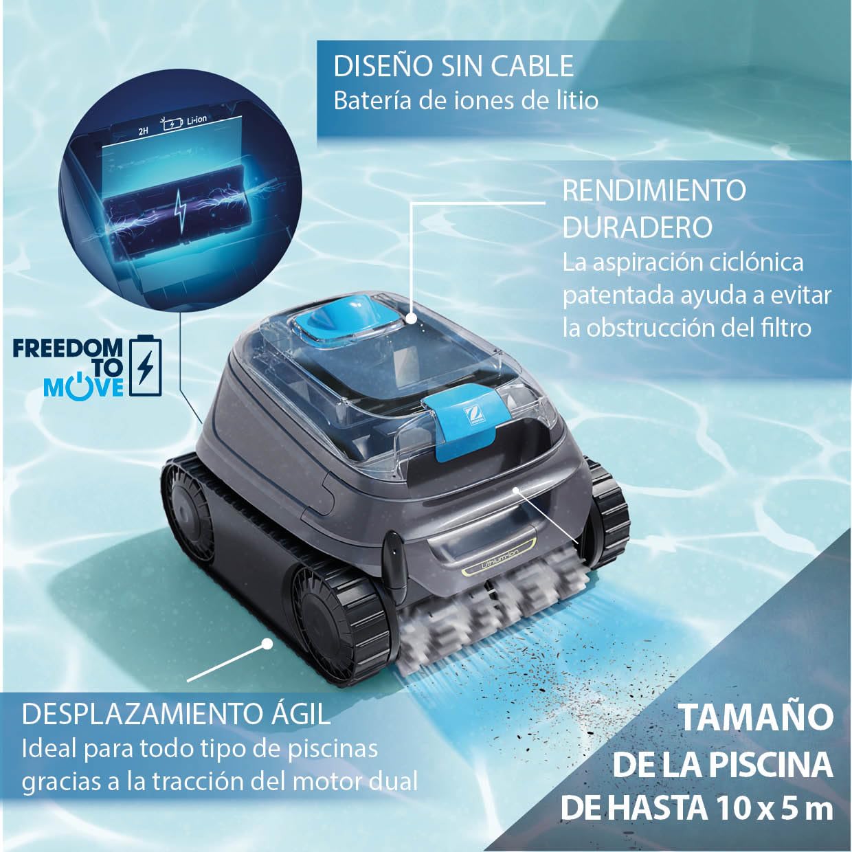 Zodiac Freedom CNX-Li 52 iQ limpiafondos sin Cable para Piscinas de hasta 10x5m, Limpia Fondo, Paredes y Linea de flotación. Batería de Litio, estación de Carga y conectividad Mediante App iAqualink