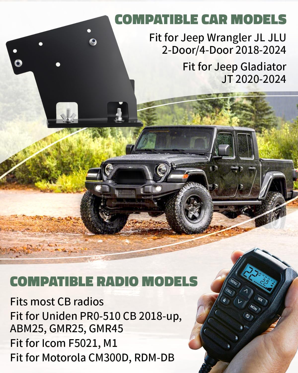 CB Radios Quick Disconnect Bracket Fit for Jeep Wrangler JL JLU 2018-2024 Gladiator JT 2020-2024, Mount Radios Bracket, Center Console Accessories