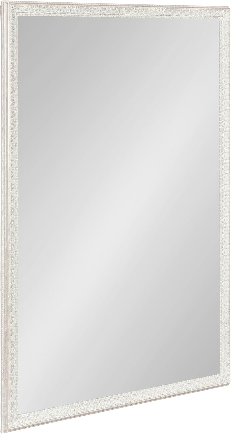 Kate and Laurel Johann Traditional Rectangle Wall Mirror; 24 x 36; Soft White; Vintage Ornate Bathroom Vanity Mirror with Embossed Frame and Light Textured Finish