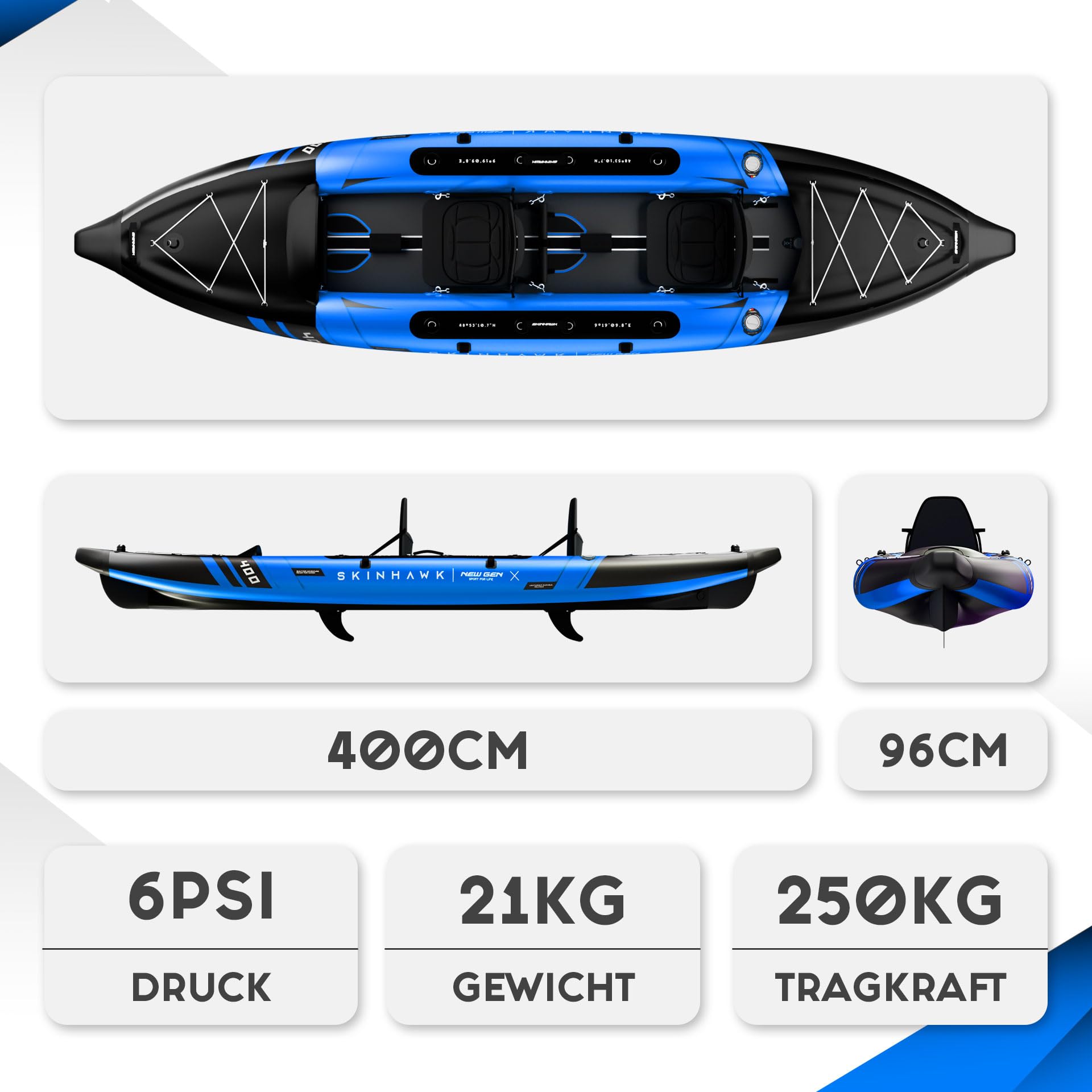 SKINHAWK Prestige Blau Kajak Set 400 – Schlauchboot – Kanu - 400 x 96 cm - 2 Personen Kajak