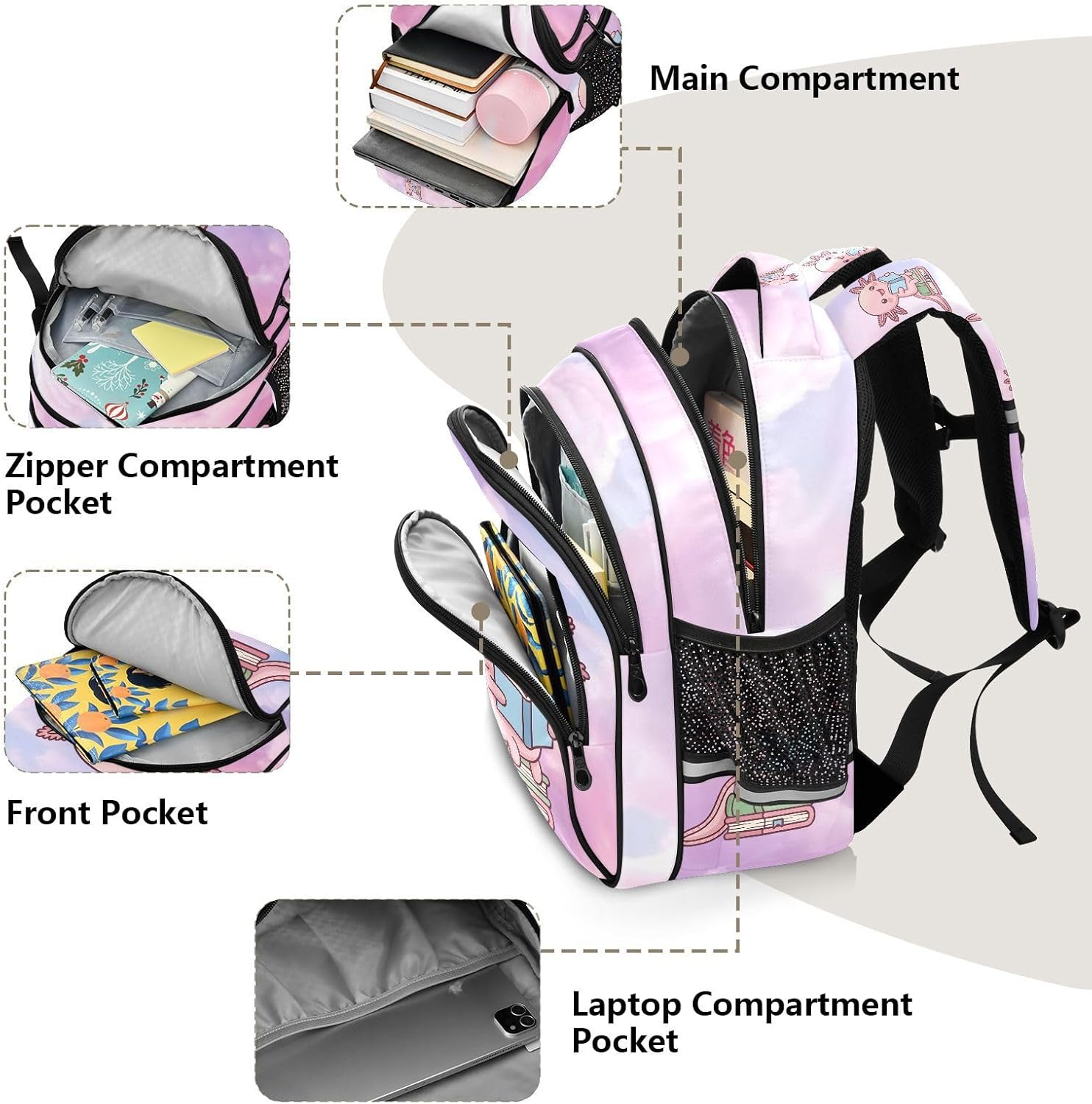 Lightweight Backpack Boy & Girl Bookbag Cute School Bag Axolotl Daypack(M 16L Ages 8-14 Cotton Candy) - Image 6