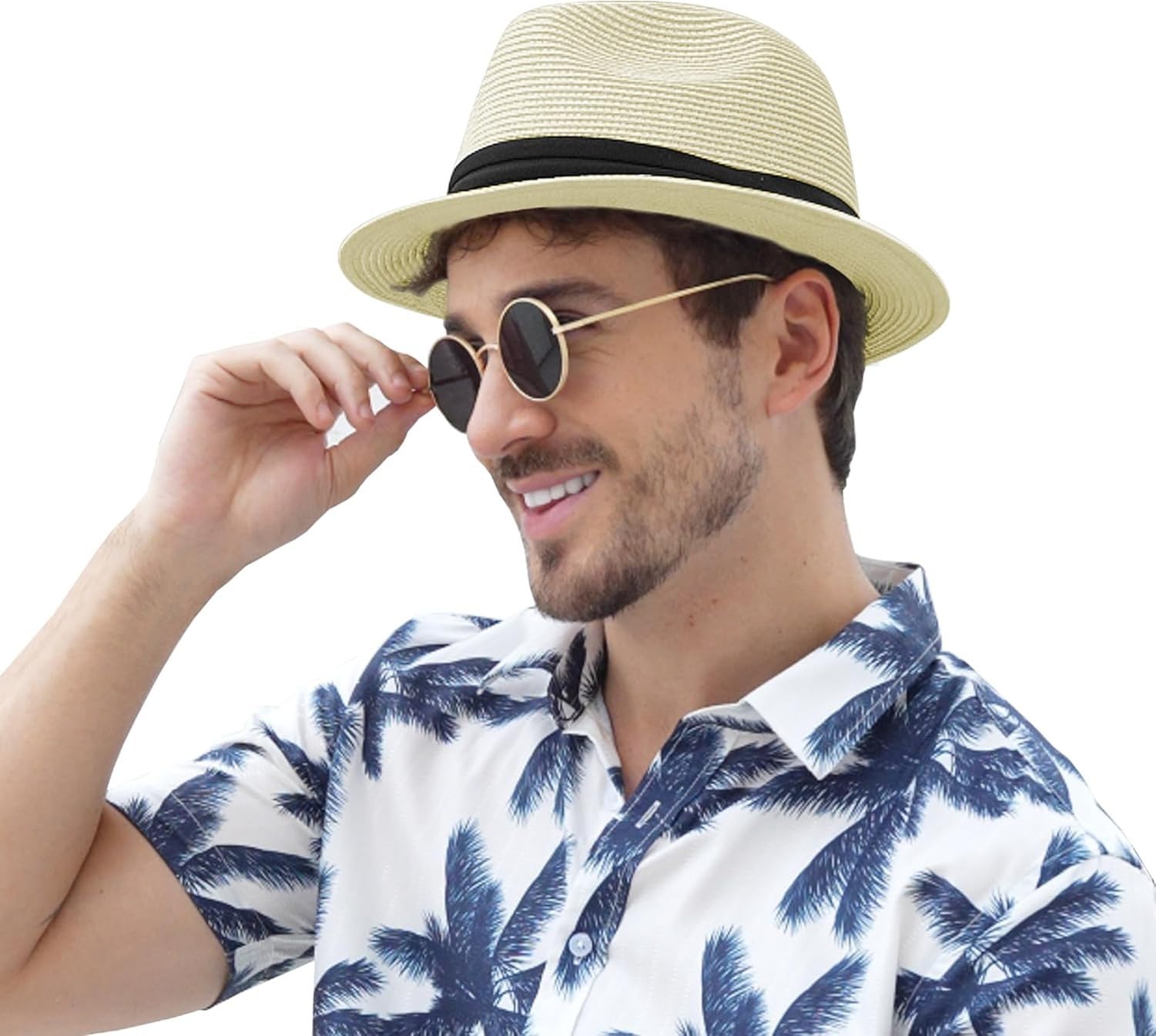 Sombrero Fedora Paja Panama Hombre Mujer con ala Corta Plegable Protección Solar UV UPF 50+ para Playa Verano, Crema, L