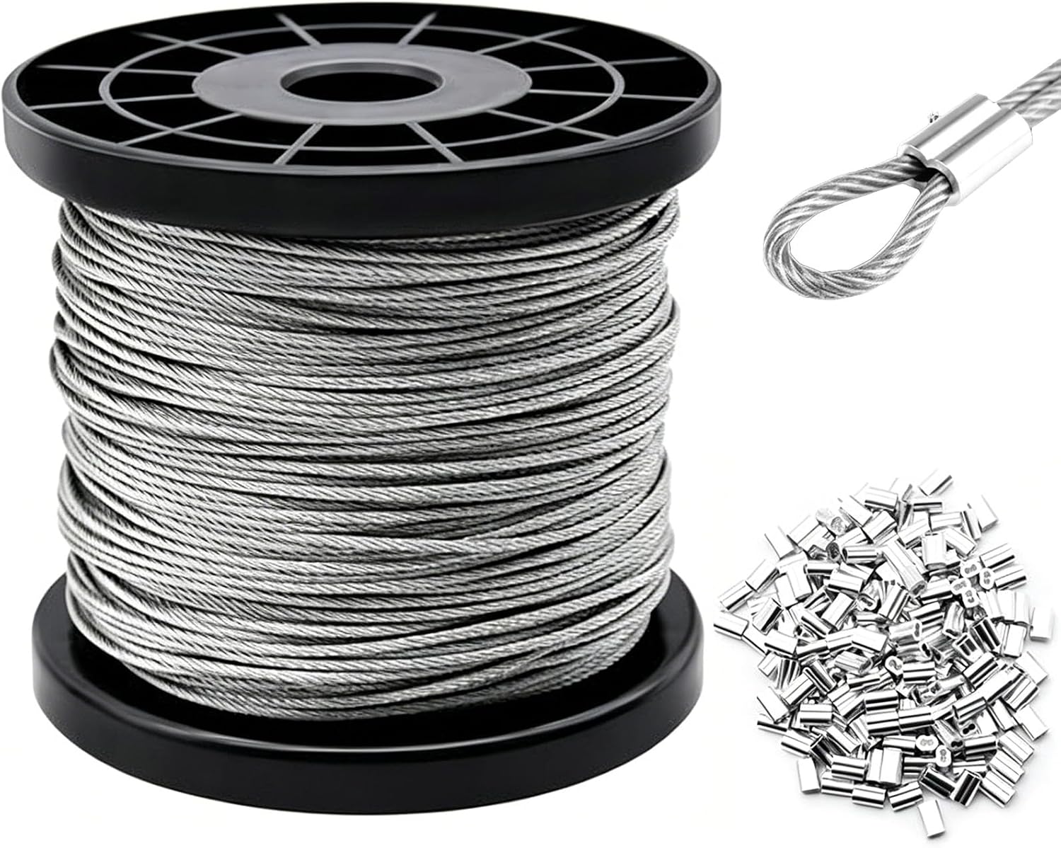 Cavo Acciaio Inox 100m, 1.5mm, Set Funi 7x7 con Manicotti
