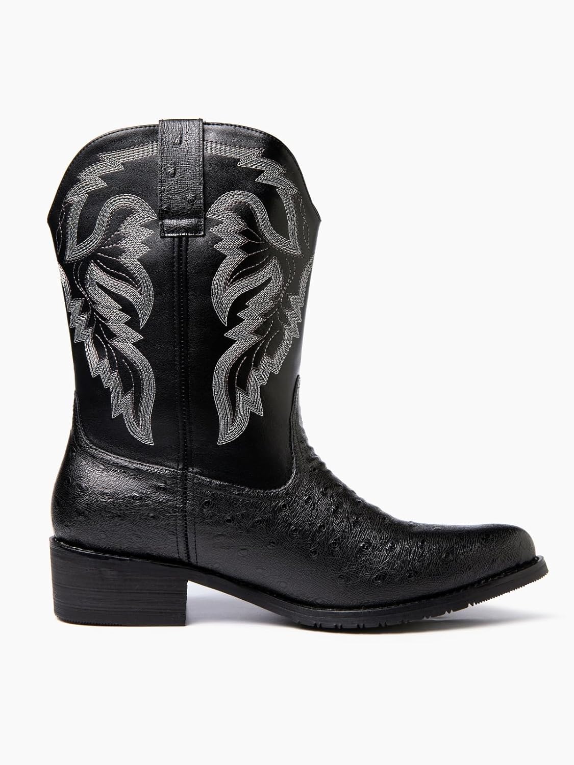 Men's Western Cowboy Boots, Ostrich Embossed Synthetic Leather, Embroidered Pull On, Slip Resistant, Multiple Colors