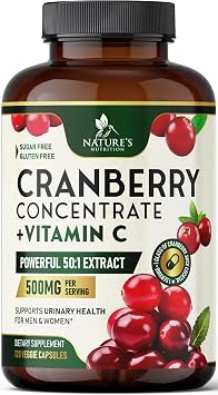Cranberry Supplement Pills - 500mg Cranberry Extract Per Serving & High Potency Vitamin C - Urinary Tract Health Support for Women & Men - Vegan, Gluten Free, Non-GMO, Bottled in USA - 120 Capsules