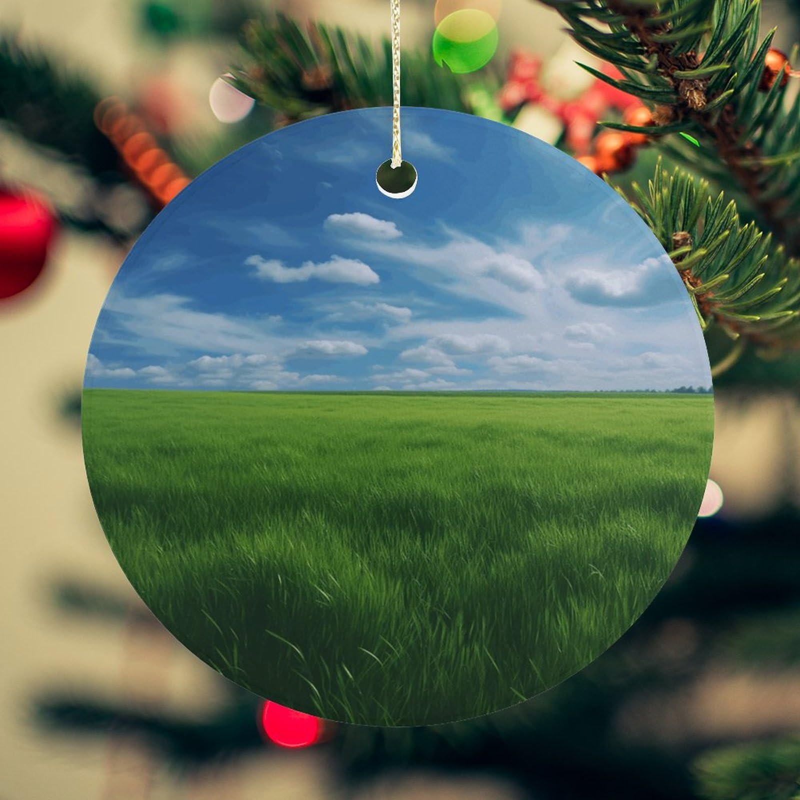 Field Green Grass Christmas Ornament for Christmas Tree Ceramic Round Ornament Winter Holiday Keepsake Gift 2.7" Christmas Tree Hanging Decorations Circle Ceramic Pendant Xmas Gift