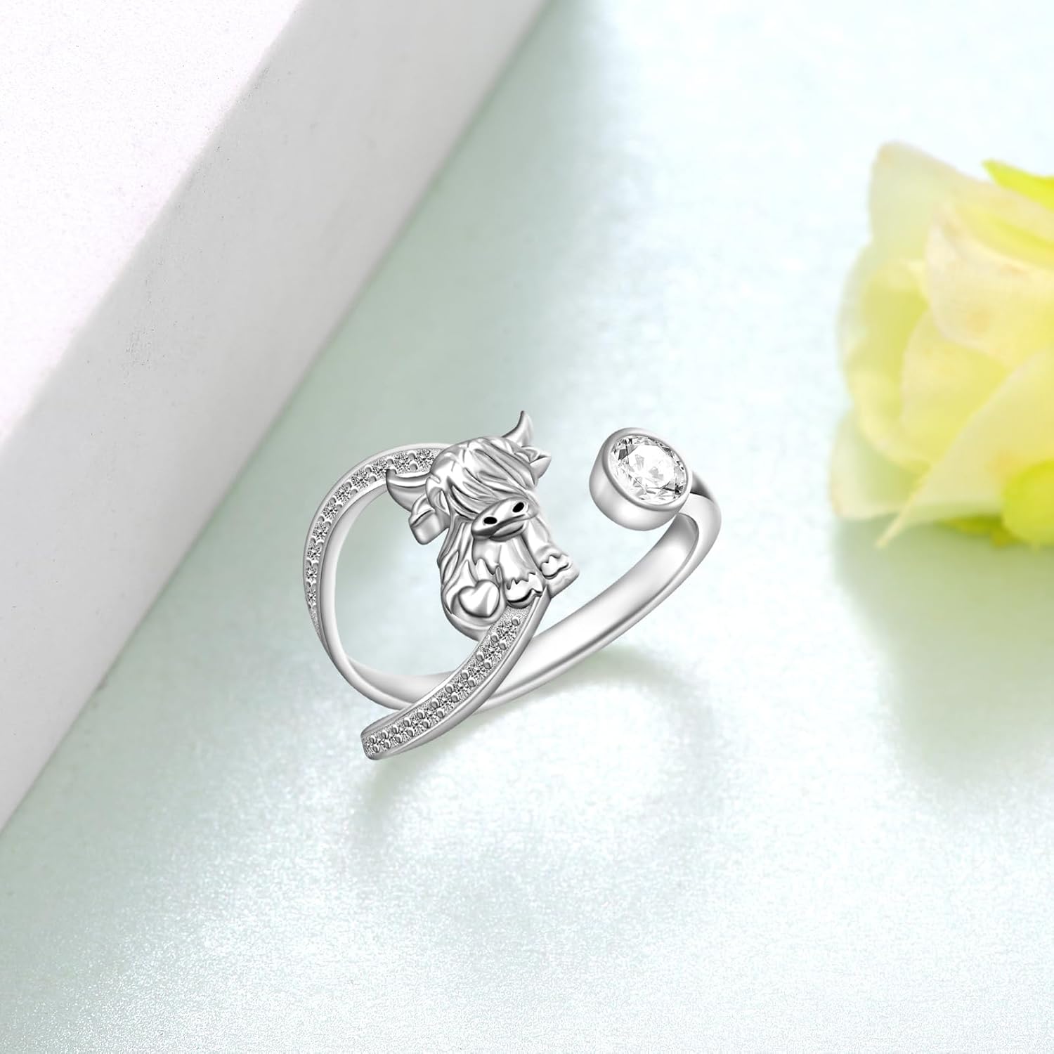 Highland Cow Ring for Women 925 Sterling Silver Adjustable Cow Rings Birthstone Jewelry Gifts for Women Mom - Image 2