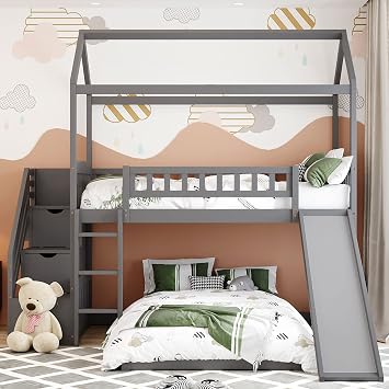 Harper & Bright Designs House Bunk Beds with Slide and Stairs, Twin Over Twin Bunk Beds with Roof and Guardrail for Kids, No Box Spring Needed Grey Slide+Staircase, Twin Over Twin