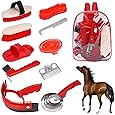 Horse Grooming Kit 8 PCS, Horse Cleaning Tool Set with Upgraded Sweat Scraper, Hoof Pick, Brushes, Comb, Storage Bag, for Horse Owners, Equestrians, Wood Handles, Black