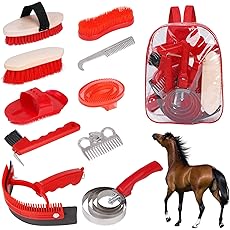Horse Grooming Kit 8 PCS, Horse Cleaning Tool Set with Upgraded Sweat Scraper, Hoof Pick, Brushes, Comb, Storage Bag, for Horse Owners, Equestrians, Wood Handles, Black