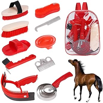 Horse Grooming Kit 8 PCS, Horse Cleaning Tool Set with Upgraded Sweat Scraper, Hoof Pick, Brushes, Comb, Storage Bag, for Horse Owners, Equestrians, Wood Handles, Black