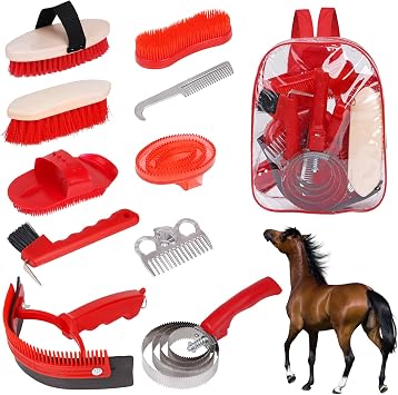 Horse Grooming Kit, Horse Brushes for Grooming 10pcs Horse Cleaning Tool Set with Tote Bag, Sweat Scraper, Curry Comb, Brush, Hoof Pick, Horse Bathing Grooming Supplies Equine Care Supplies