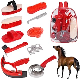 Horse Grooming Kit, 10pcs Horse Brushes & Cleaning Tool Set | Includes Tote Bag, Sweat Scraper, Curry Comb, Brush, Hoof Pick, Livestock Bathing Supplies Equine Care Supplies