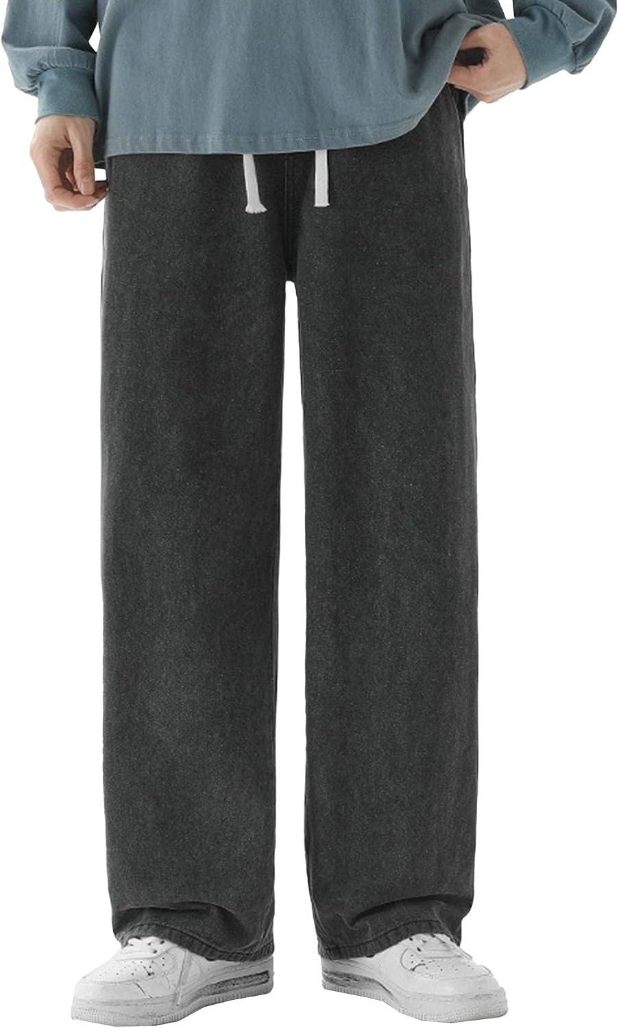 Mens Drawstring Elastic Waist Loose Jean Classic Mid-Waist Baggy Denim Pants Casual Relaxed Fit Denim Pant