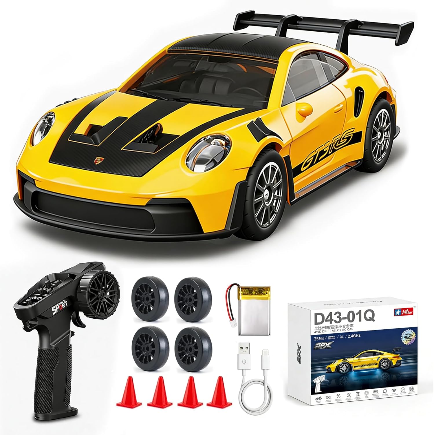 1/43 Scale RC Drift Car, Mini 911 RC Model Car 2.4GHz 4WD RC Alloy D43 Vehicles with Gyro & LED Lights for Adults Hobby Toys (Yellow)