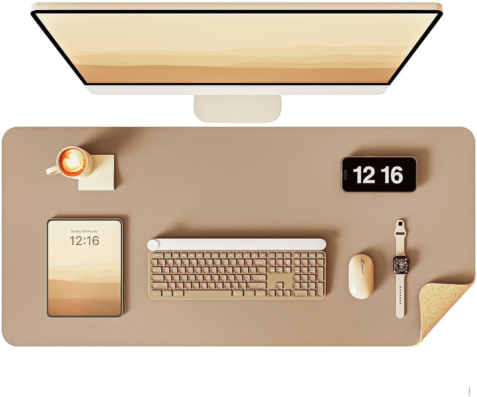 YSAGi Double-Sided Desk Pad, 35.4"x17"Leather Desk Mat, Eco Cork Desk Pad Protector,Large Mouse Pad,Waterproof Desk Blotter for Office/Home(Apricot)