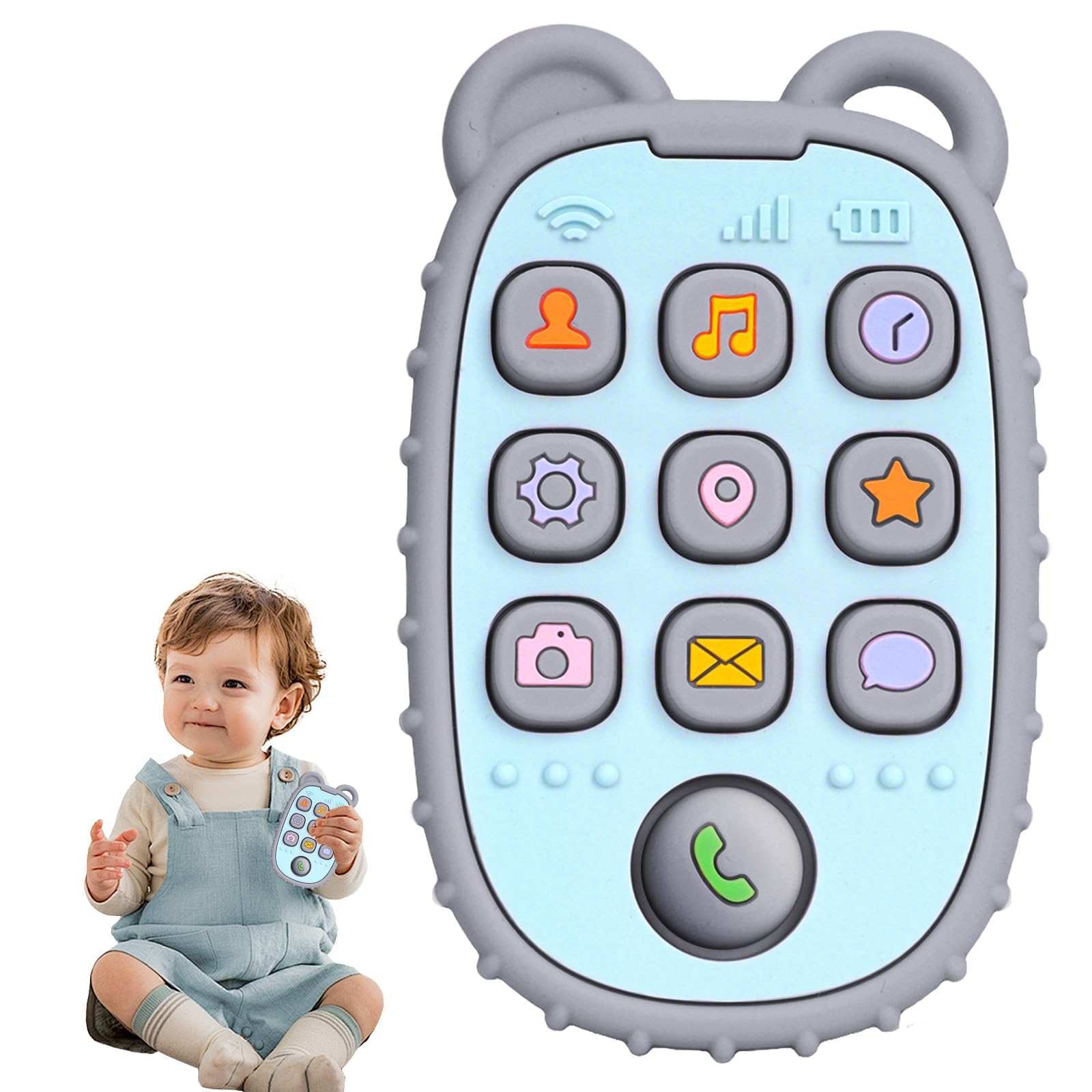 Aolso Teething Toys for Baby, Silicone Phone Press Teether for Babies 3 Months+, BPA-Free, Gum Pain Relief, Sensory Toy for Babies, Baby Chew Toys-Grey Bear