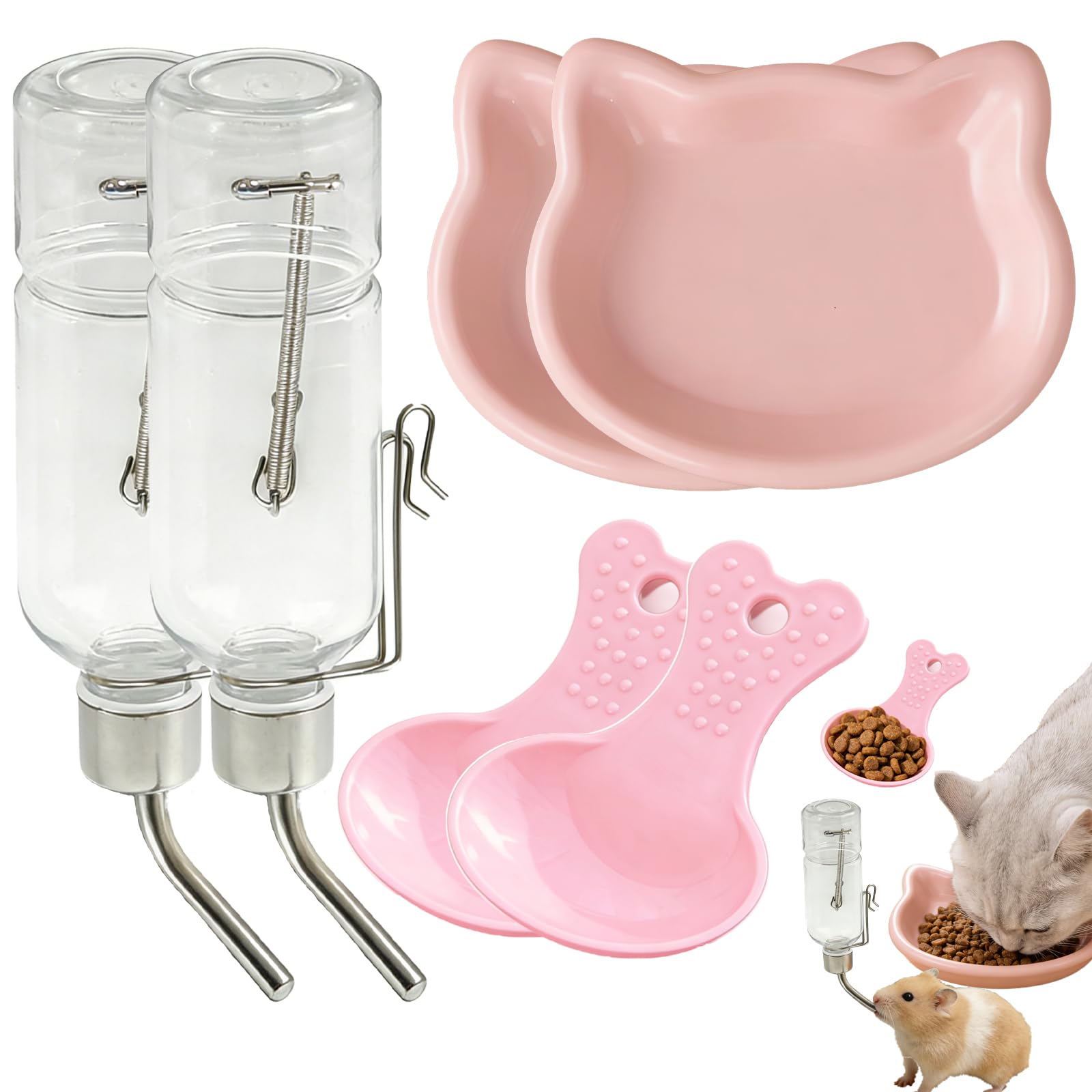 2 PCS Guinea Pig Water Bottle, 350ml Small Animal Water Bottle with Food Bowl & Spoon for Rabbits, Guinea Pigs, Hamsters, Chinchillas and Small Pets