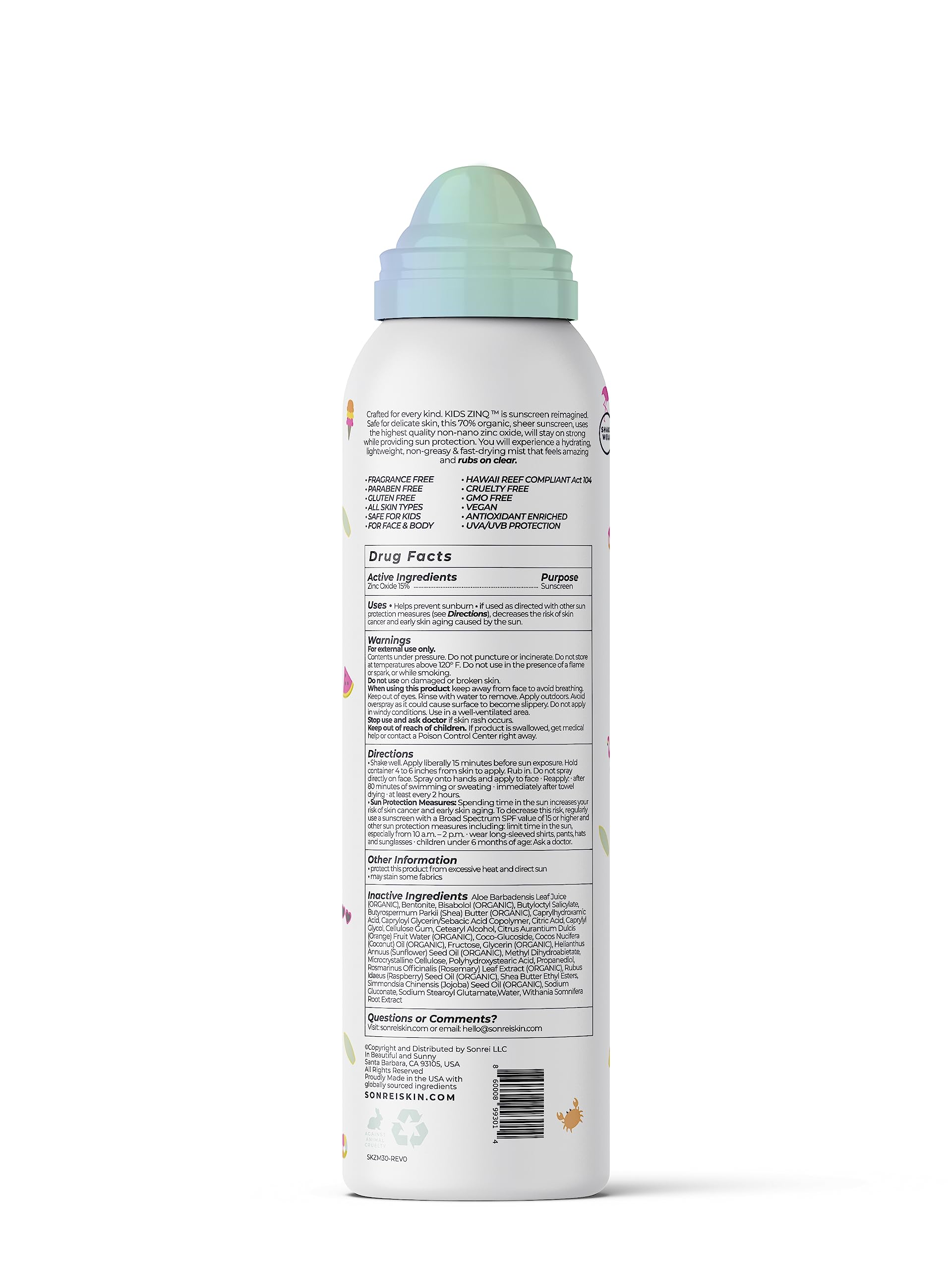 Sonrei Kids ZinQ™ Organic Mineral Mist Sunscreen | SPF 30, Broad Spectrum, Water-Resistant | Vegan, Eco-friendly (6 Fl Oz (Pack of 1))