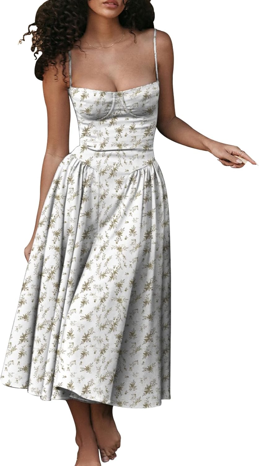 Womens Corset Dress Elegant Spaghetti Strap Midi Dress Flowy Pleated Hem Low Cut Prom Dresses Floral Bustier Dress Medium White Green