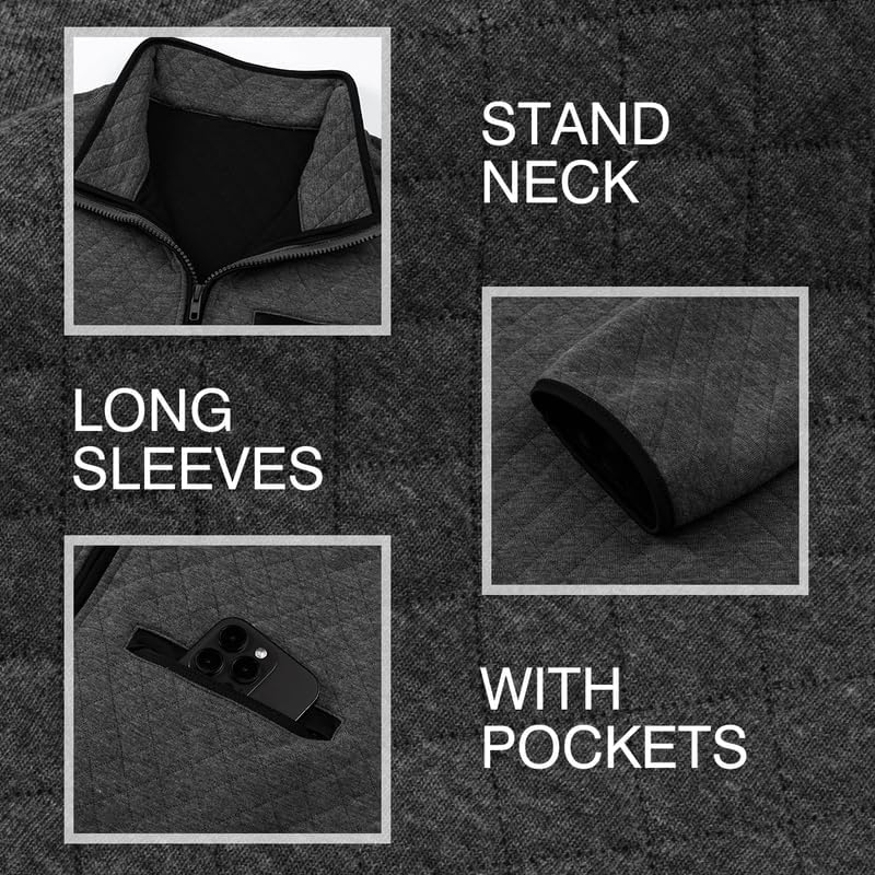 Men's Quarter Zip Up Casual Long Sleeve Quilted Sweatshirts Mock Neck Outdoor Pullover Sweaters - Image 4