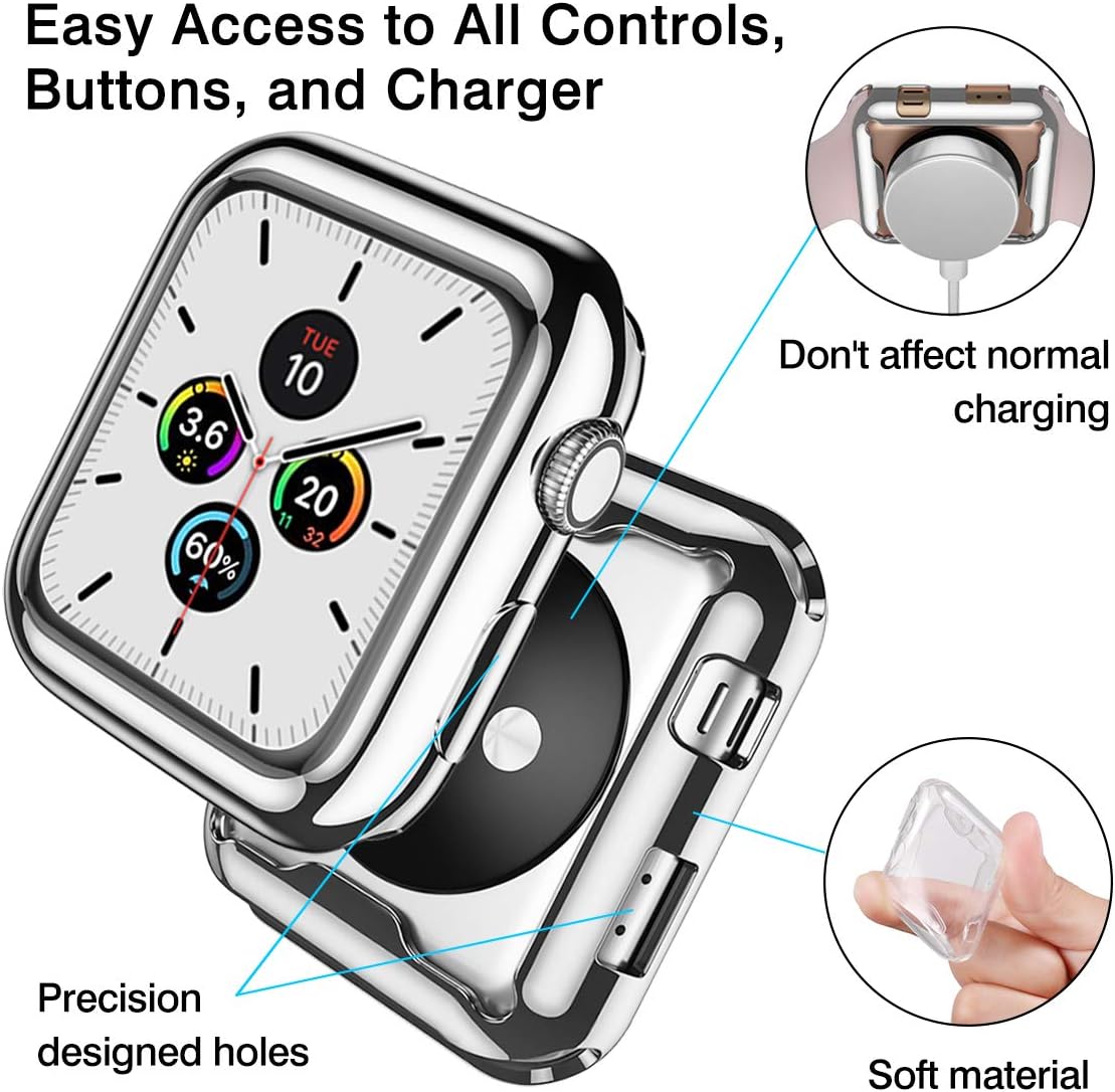 KOLEK Screen Protector Case Compatible with Apple Watch 38mm Series 3/2/1, 3-Pack Soft TPU All-Around HD Clear Protective Bumper Cover Cases for iWatch 38mm Series 3 2 1, Clear/Black/Silver