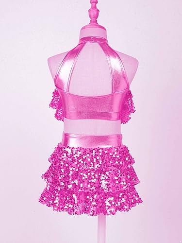 Miniatura 4 de YiZYiF Conjunto de 2 piezas de baile con lentejuelas para niñas y niñas, top corto metálico con falda, disfraz de baile latino de jazz