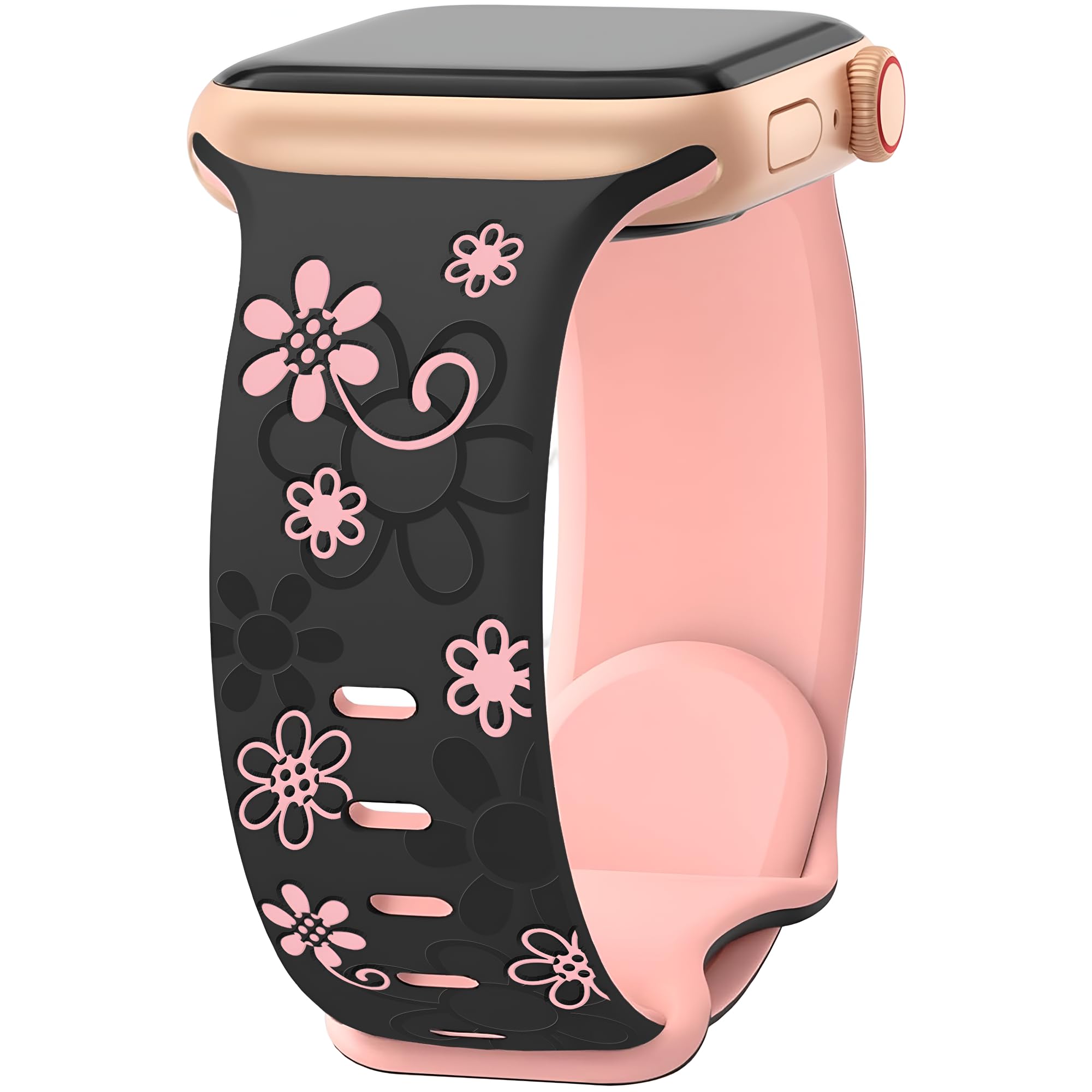 Floral Engraved Band Compatible with Apple Watch Series 10 46mm Series 9 8 7 6 5 4 3 SE 1 2 40mm 41mm 38mm Women,Two-Tone Cute Flower Soft Silicone Waterproof Band