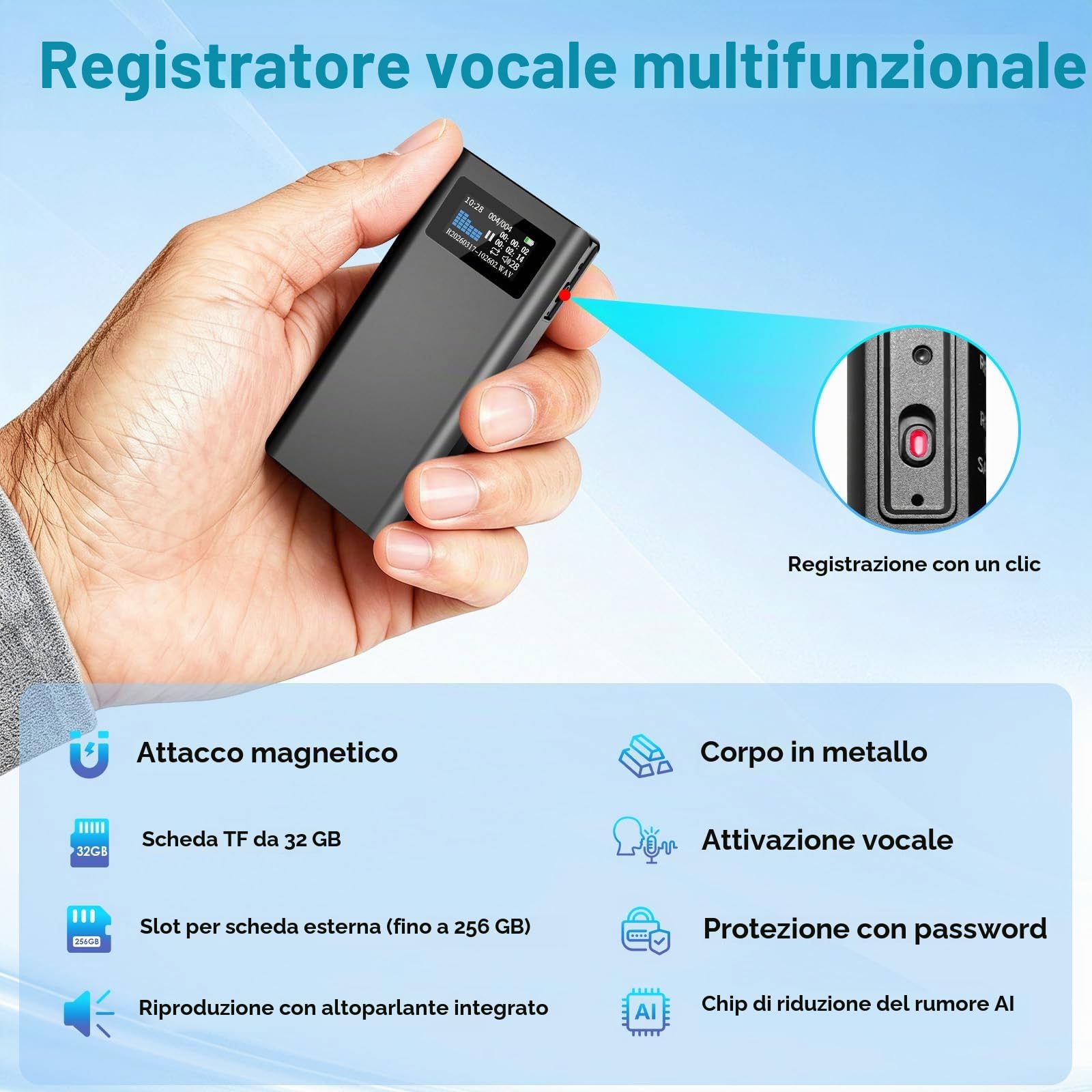32GB Registratore Vocale Magnetico con Autonomia 350 Ore, Espansione Scheda TF, Riproduzione Altoparlante e Registrazione con un Clic, Dispositivo Portatile USB‑C per Riunioni e Interviste