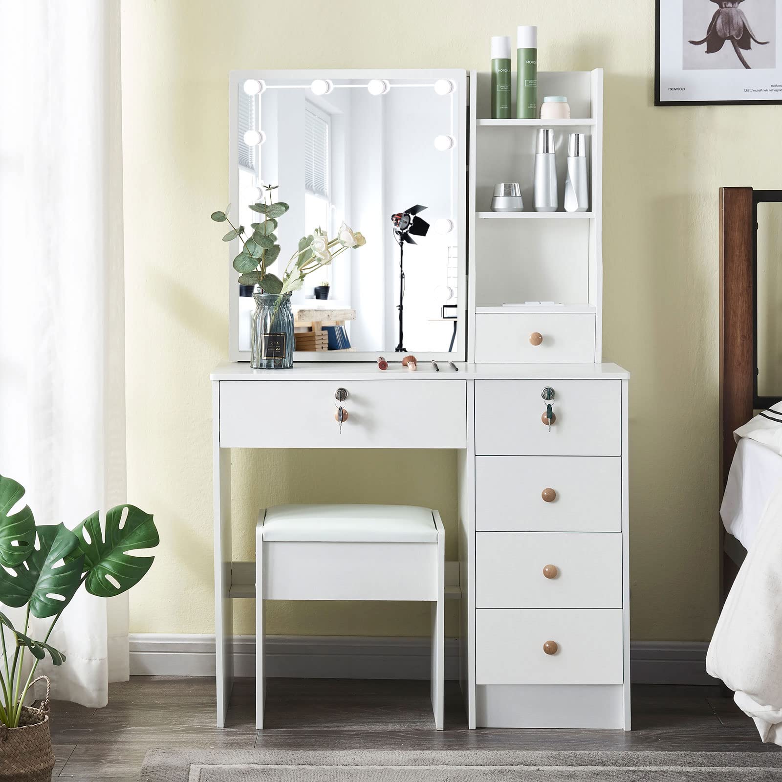 LEMROE Dressing Table With LED Mirror And Charger, Small Vanity Makeup Desk For Small Spaces W80cm, 2 Vacuum-Formed Drawers Dresser For Bedroom Women Girls White (White