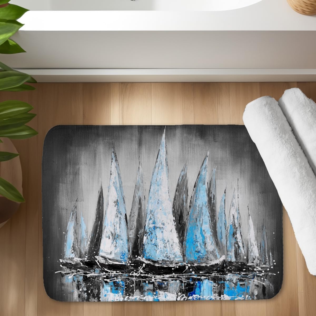 Begin Home Decor C1BM1724Z3P9CT 17 x 24 in. Blue Sailboats Black Industrial Bath Mat for Home Decor - Stylish