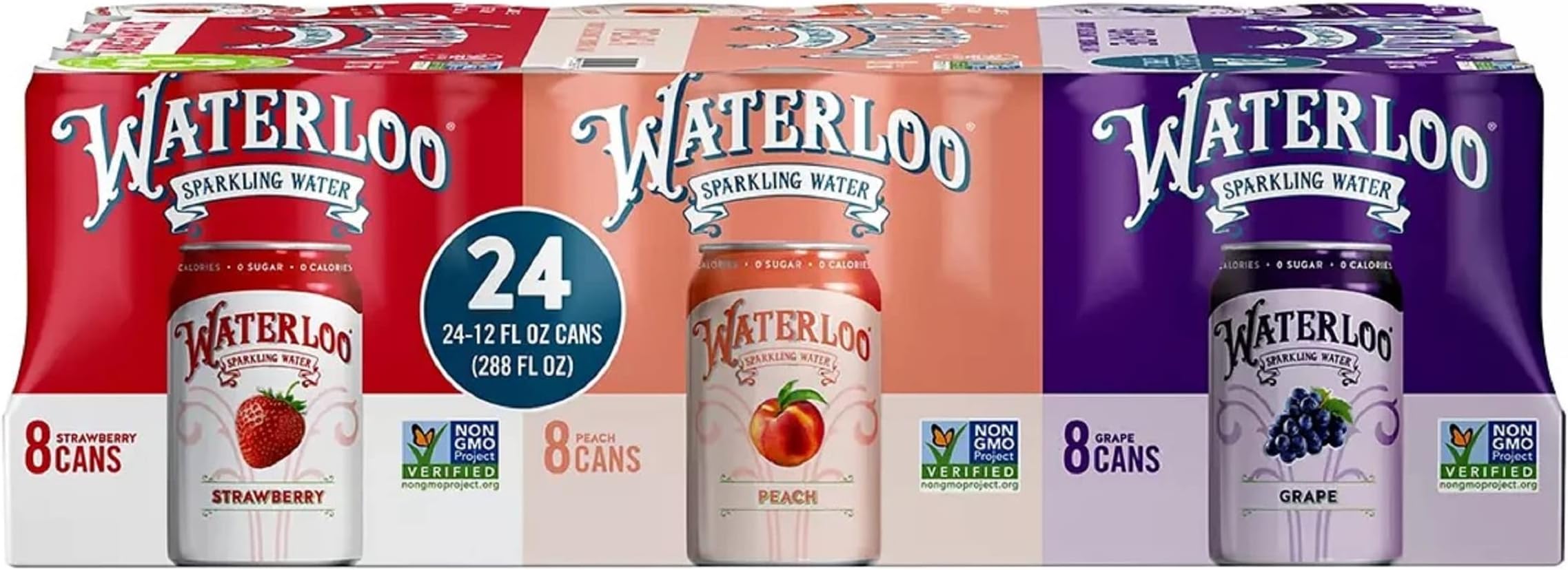 Waterloo Sparkling WaterVariety Pack, 12 Fl Oz Cans, Pack of 24, 8 x Black Cherry, 8 x Lemon-Lime, 8 x Strawberry | Zero Calories | Zero Sugar or Artificial Sweeteners | Zero Sodium