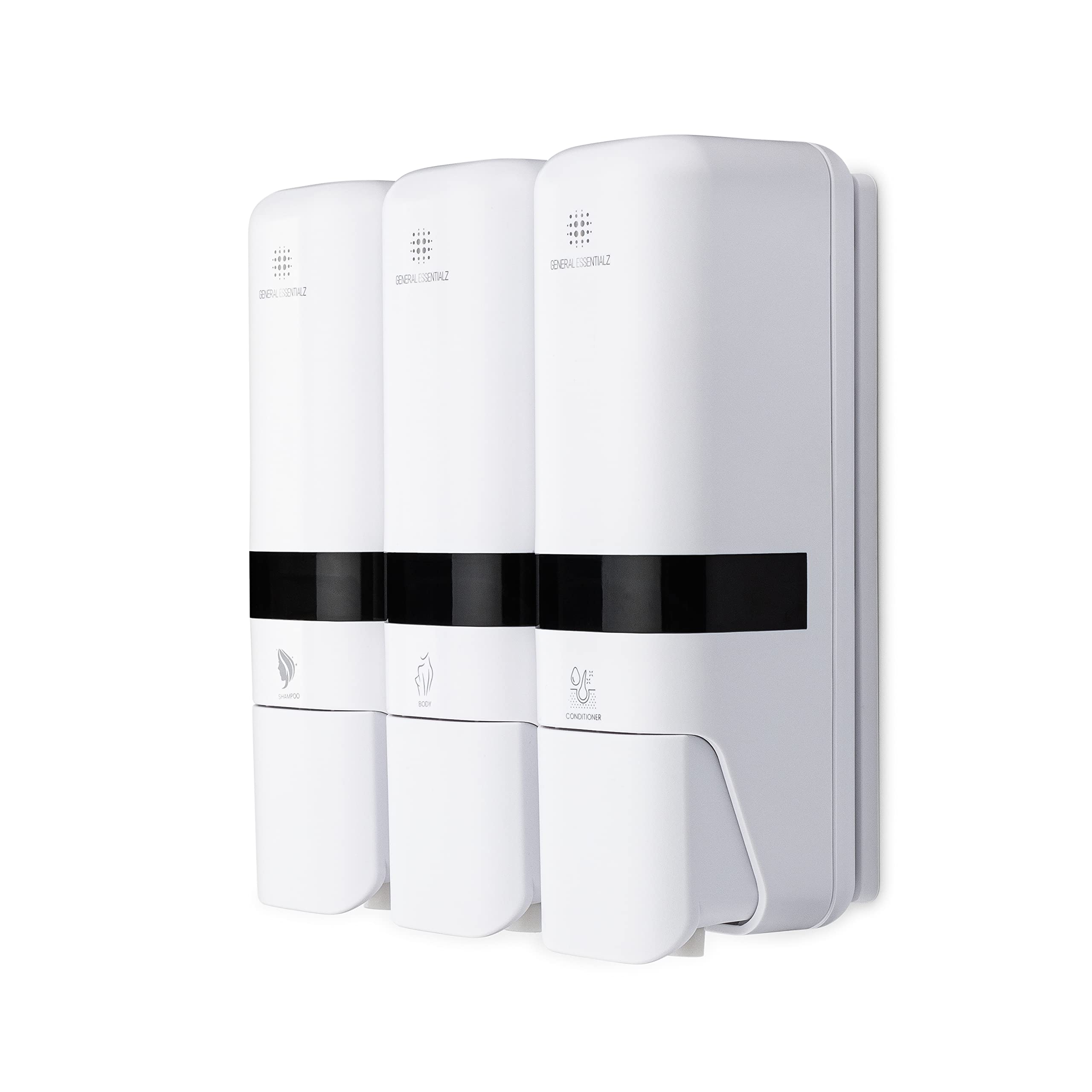 Photo 1 of General Essentialz - Refillable, White 3 Chamber Shower Dispenser for Shampoo, Conditioner