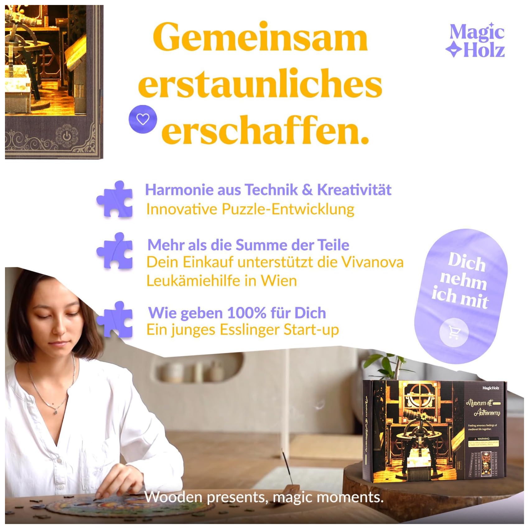 MaHo MagicHolz – Book Nook Astronomie Museum – DIY Book Nook Kit aus Holz – Booknook Diorama Miniatur Bausatz mit LED Lampe – 3D Puzzle Bücherregal Deko & DIY Buchstütze basteln