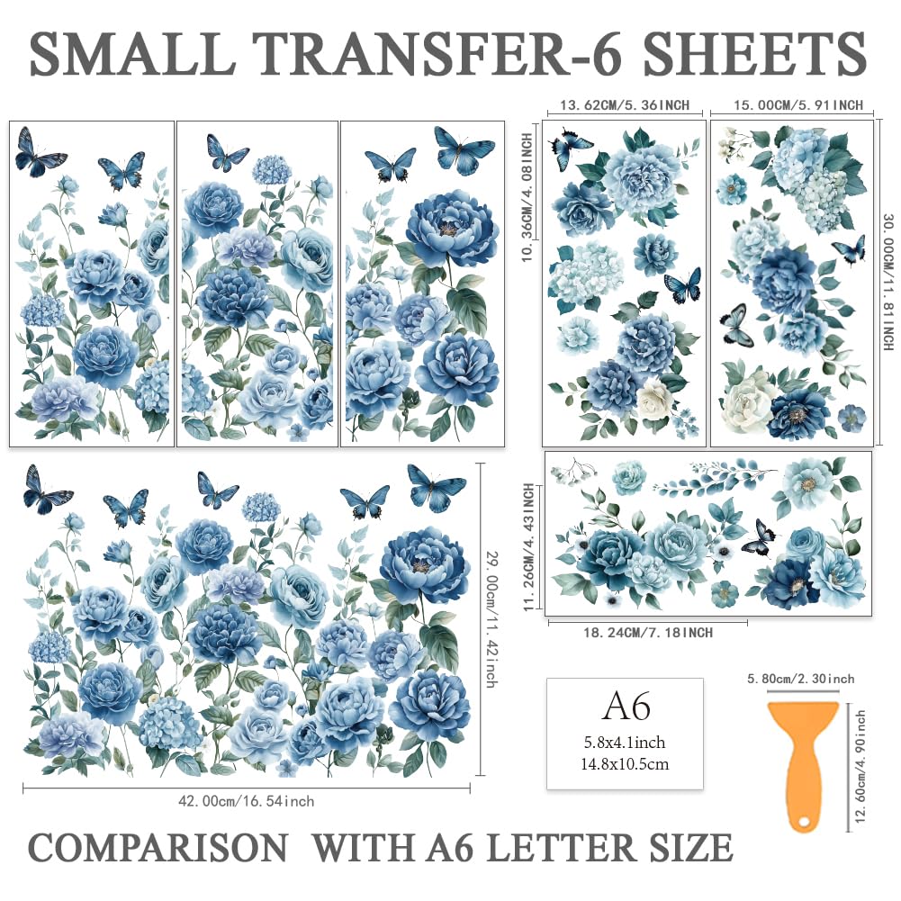 OLYCRAFT Set da 6 pezzi di fiori blu verdi strofinano sui trasferimenti per mobili e mestieri 15 x 30 cm farfalle decalcomanie per mobili decalcomanie per mobili e piante adesivi trasferimento con 1