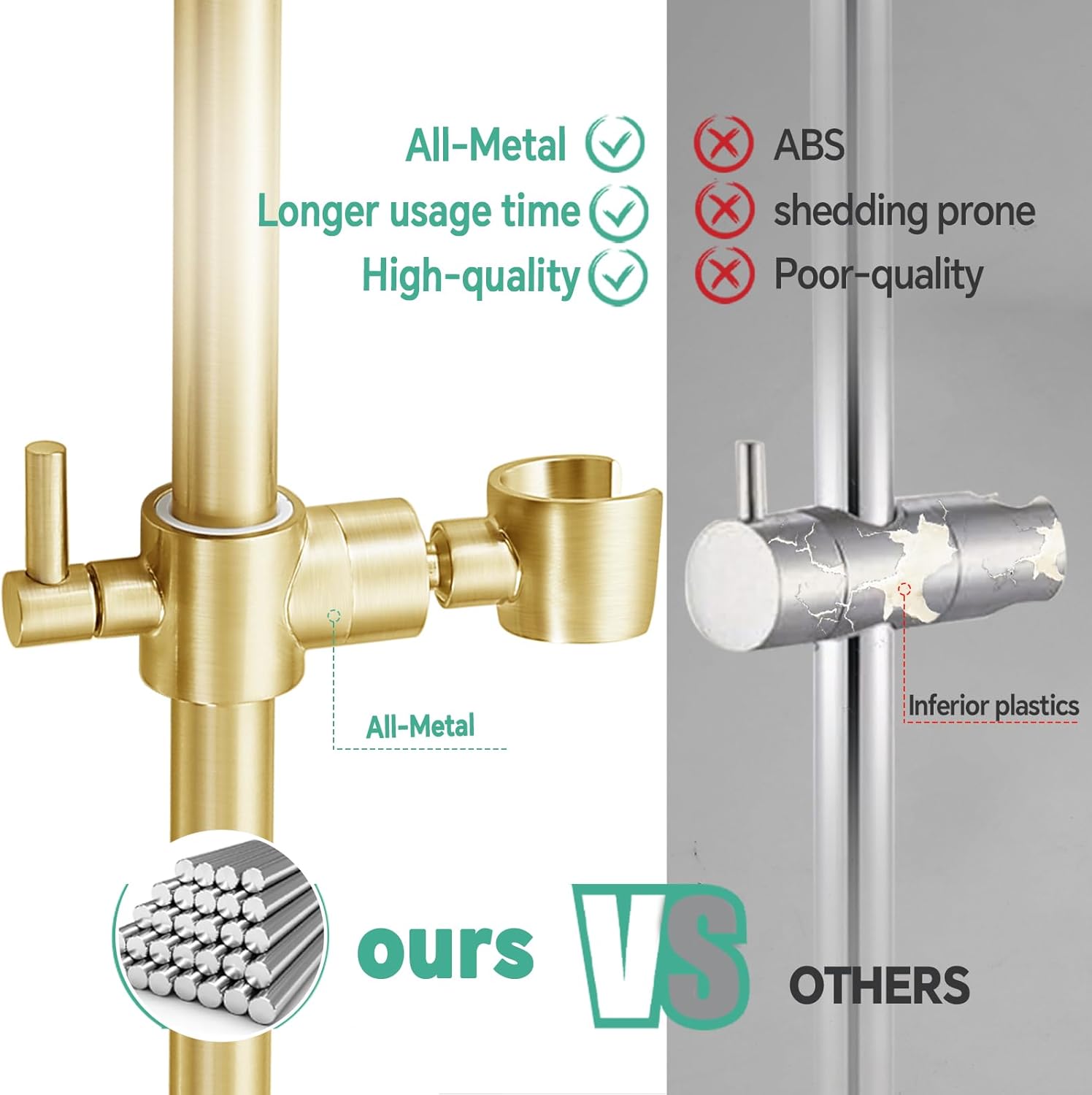 Shower Slide Bar Adjustable Handheld Shower Head Holder Wall Mount - 30inch All-Metal Shower Head Slide Bar Compatible with Bathroom Drill Free Glue Installation - Brushed Gold