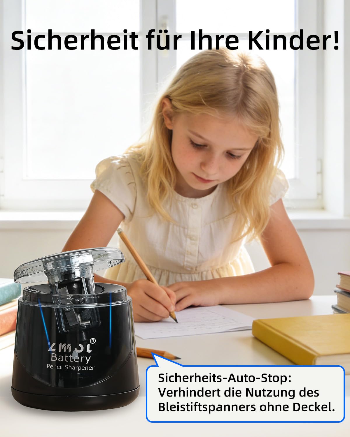 ZMOL Elektrischer Spitzer & Anspitzer, Bleistiftspitzer für Kinder, Batteriebetrieben für Buntstifte und Bleistifte (6-8mm), für Schule, Büro, Haushalt und Klassenzimmer, Kinderfreundlich – Schwarz