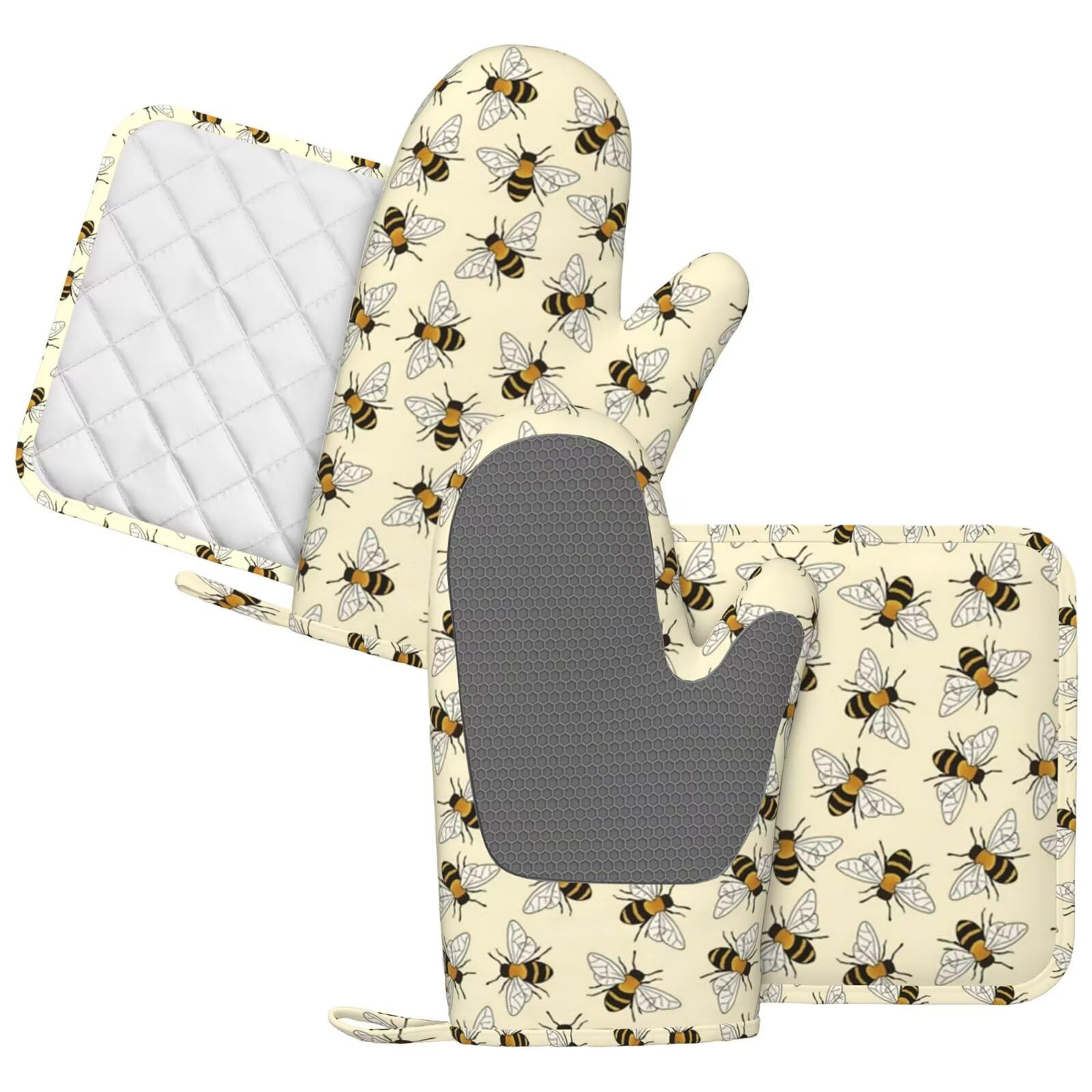 Happy Busy Bees - Juego de guantes de cocina de silicona, antideslizantes, resistentes al calor, para cocinar, asar a la parrilla, 4 manoplas de cocina