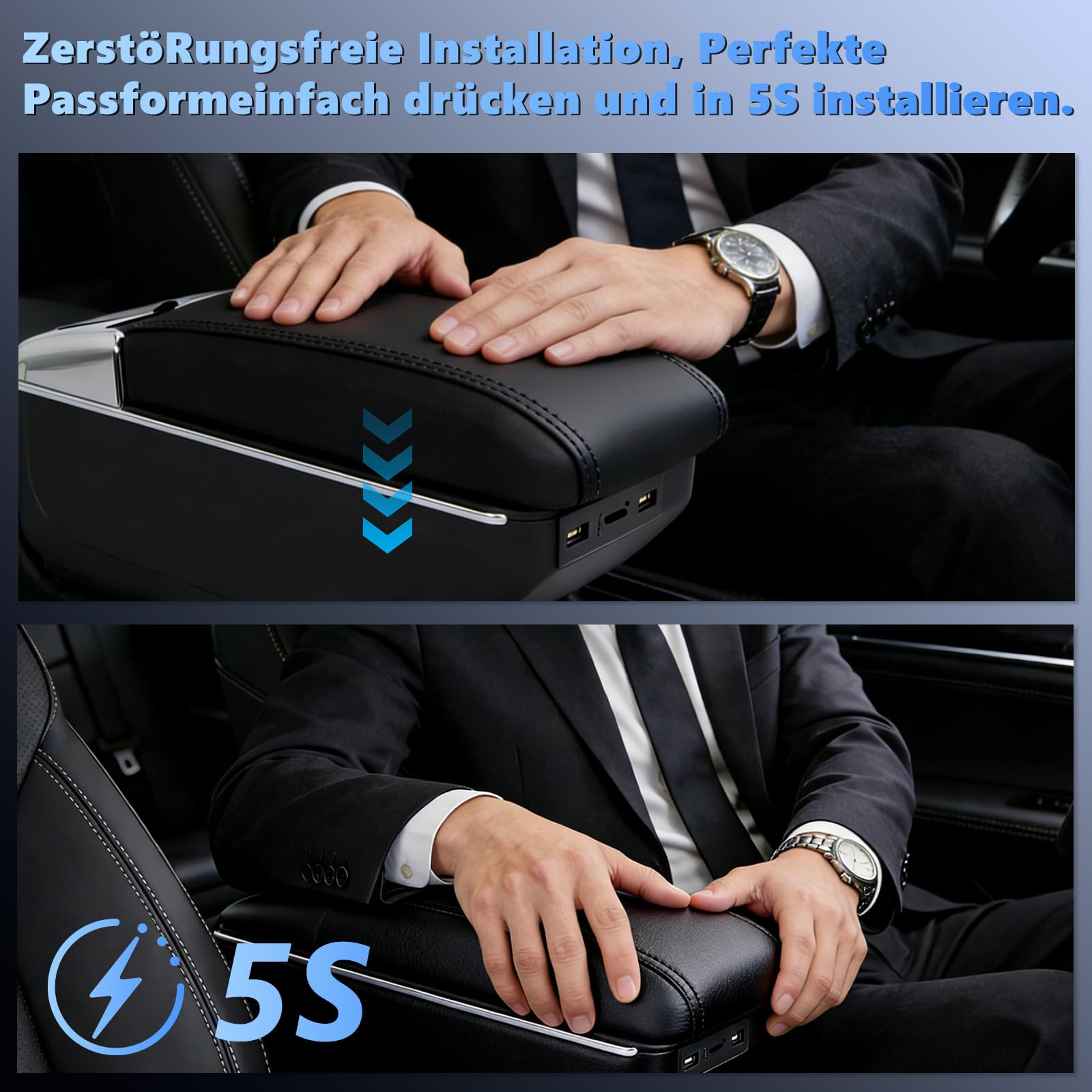 Mittelarmlehne für VW UP 2011-2023, Auto Armlehne Doppelschichtige Aufbewahrungsbox, Verstellbare Mittelkonsole, Kunstleder Schwarz